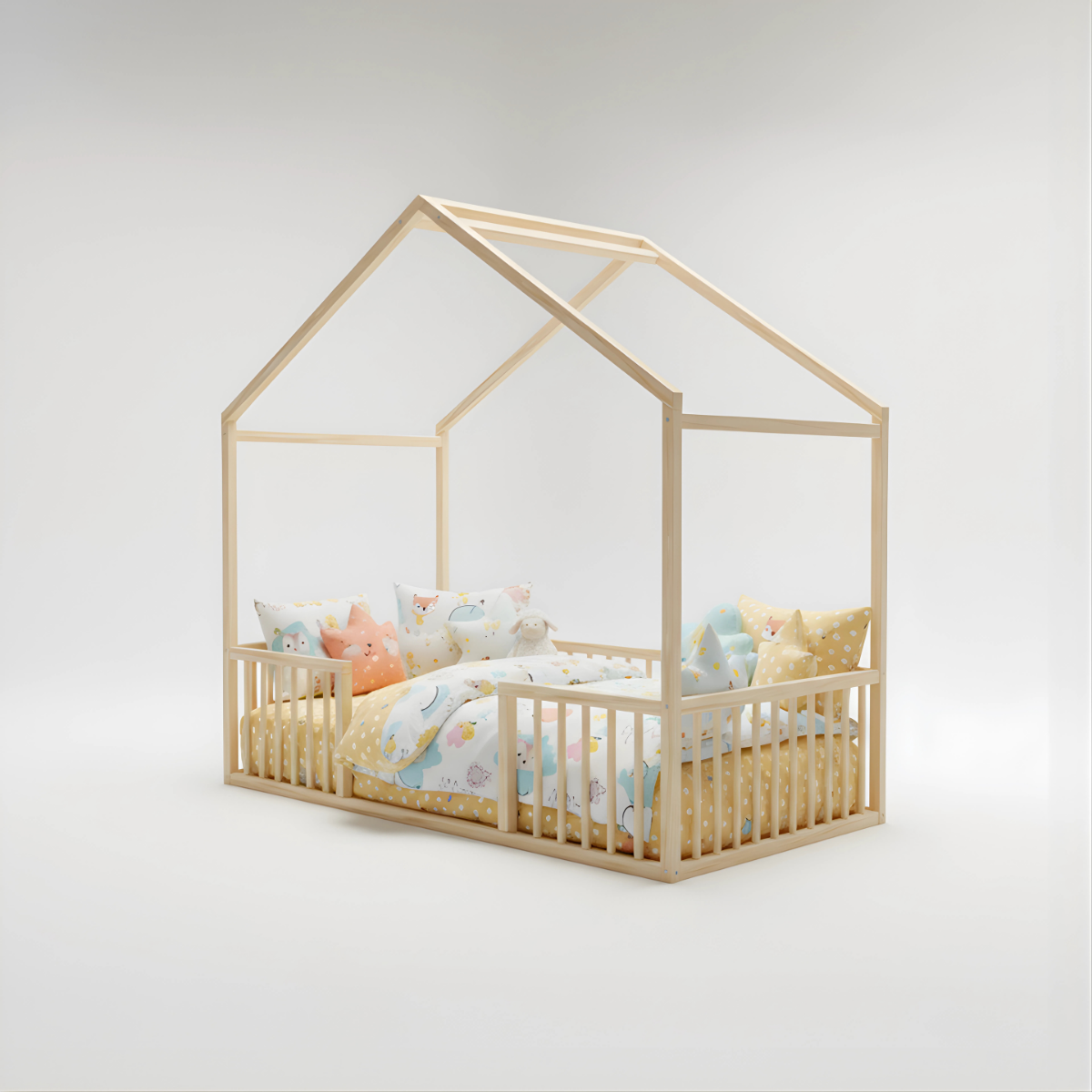 Hug Aura Montessori Toddler Bed | House Floor Bed with Cylindrical Railings