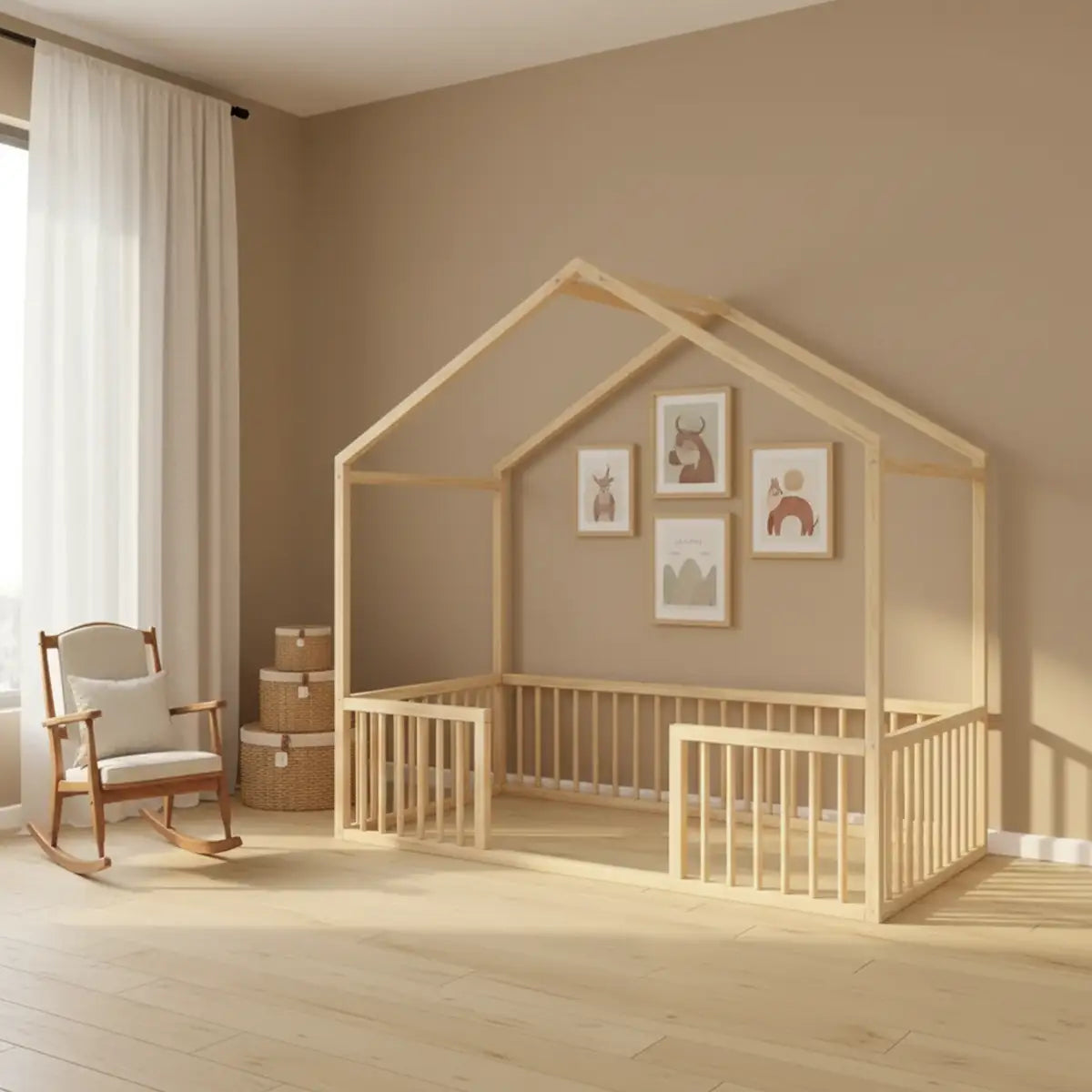 Natural wood Montessori playhouse bed with house-shaped frame and round dowel railings for children