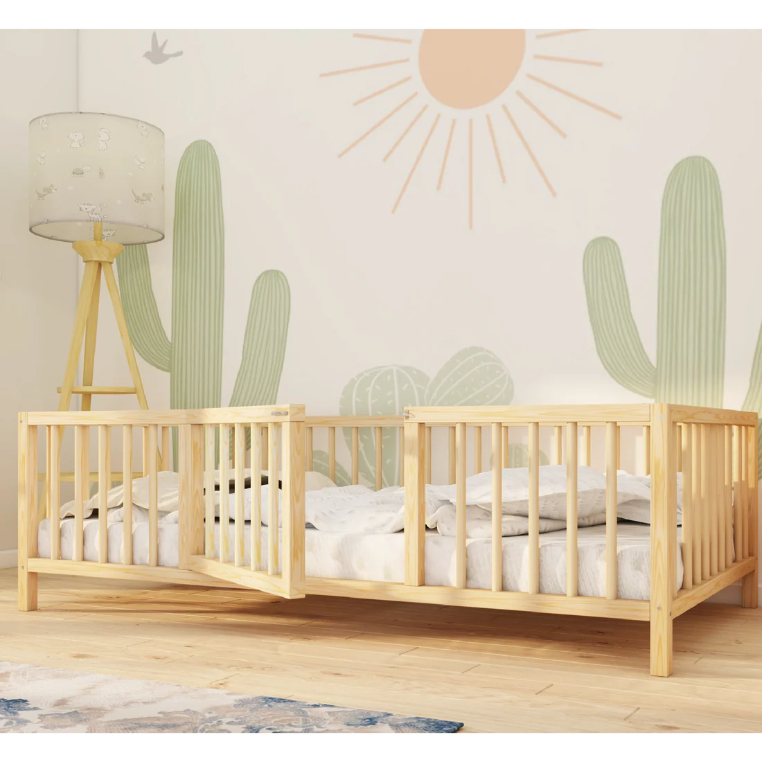 Tavira - Montessori Playpen Low Bed with Cylindrical Railings and Gate