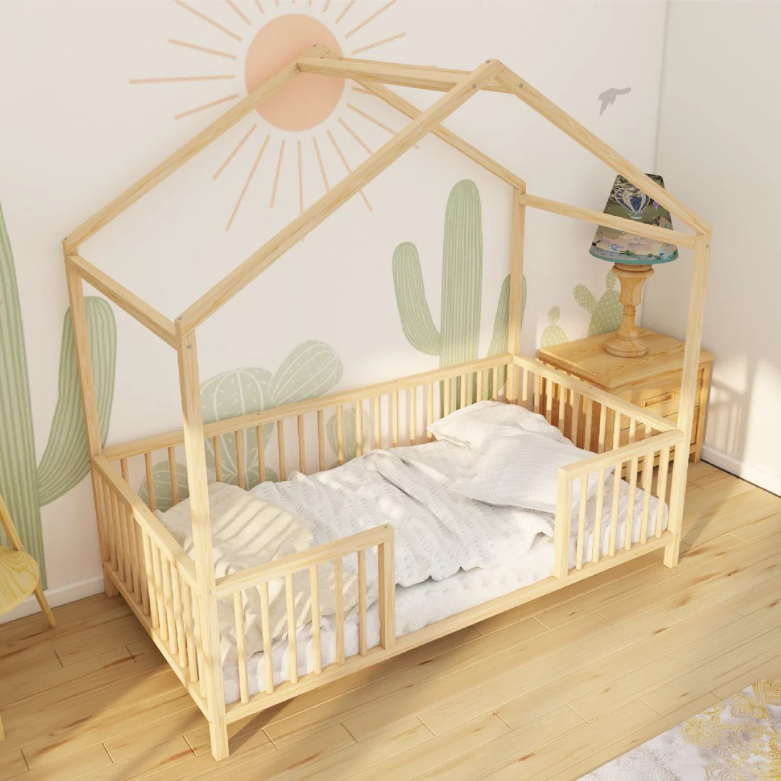 Lunaris - Montessori Playhouse Low Bed with Cylindrical Railings