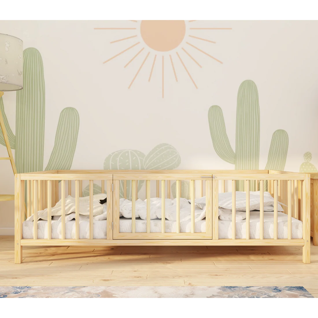 Tavira - Montessori Playpen Low Bed with Cylindrical Railings and Gate