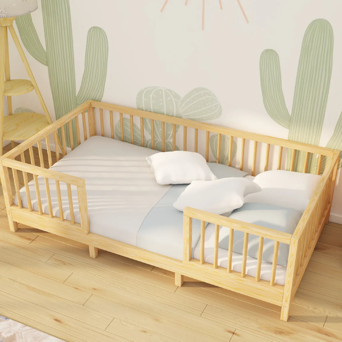 Elysor - Montessori Playpen Low Bed with Removable Cylindrical Railings