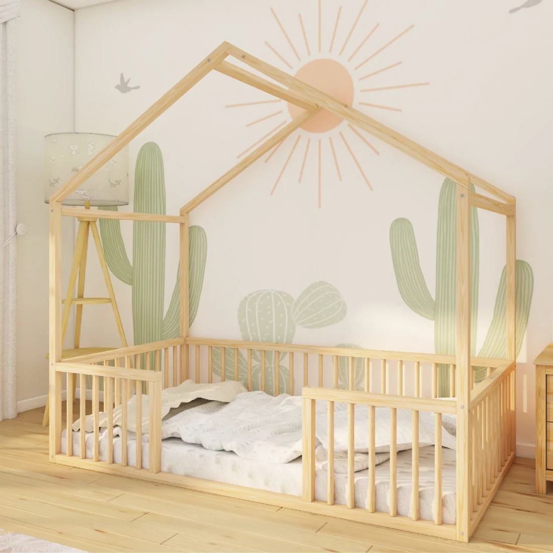 Giza - Montessori Playhouse Floor Bed with Cylindrical Railings