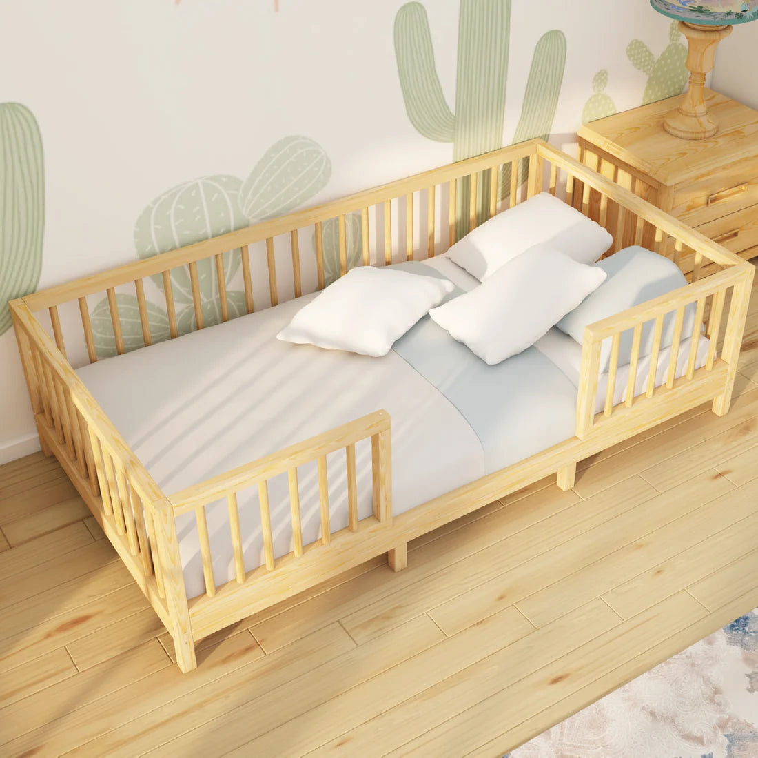 Elysor - Montessori Playpen Low Bed with Removable Cylindrical Railings