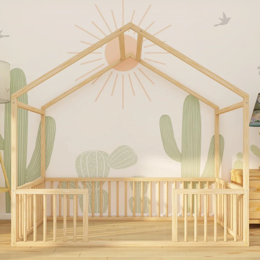 Giza - Montessori Playhouse Floor Bed with Cylindrical Railings