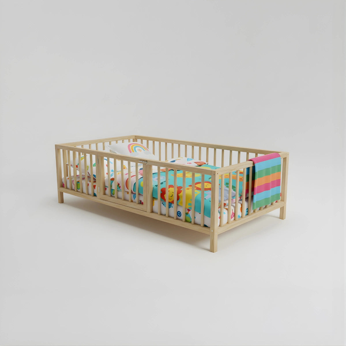Hug Cove Montessori Toddler Bed | Natural Solid Pine Wood Floor Bed with Rails and Gate