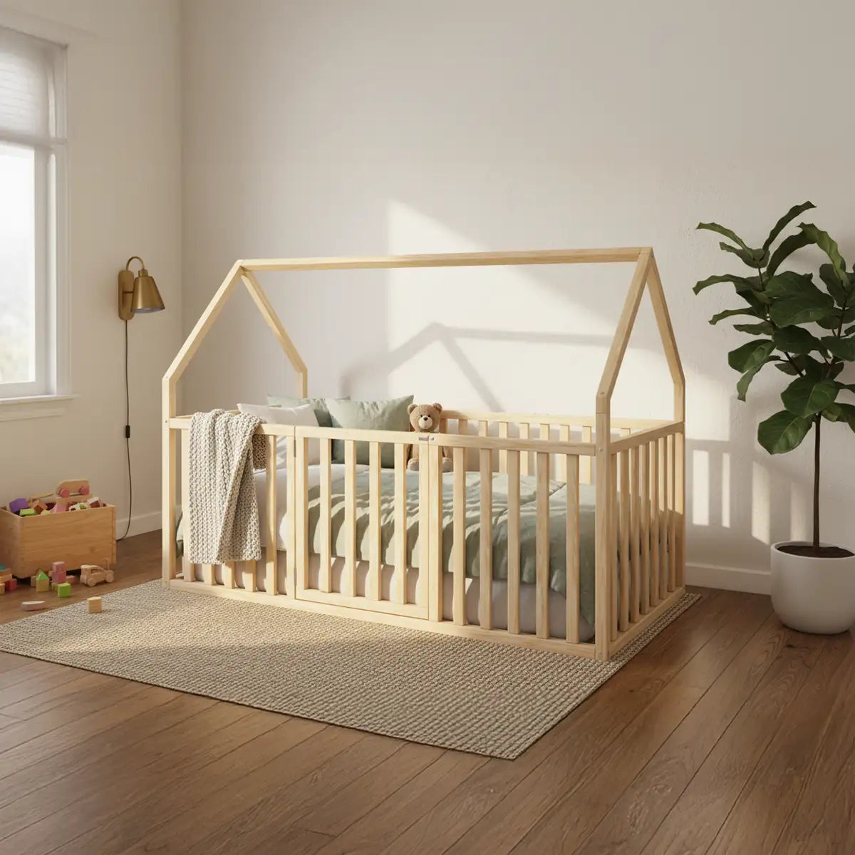 Professional lifestyle photo of Zola playhouse toddler bed with 38.5 inch safety railings